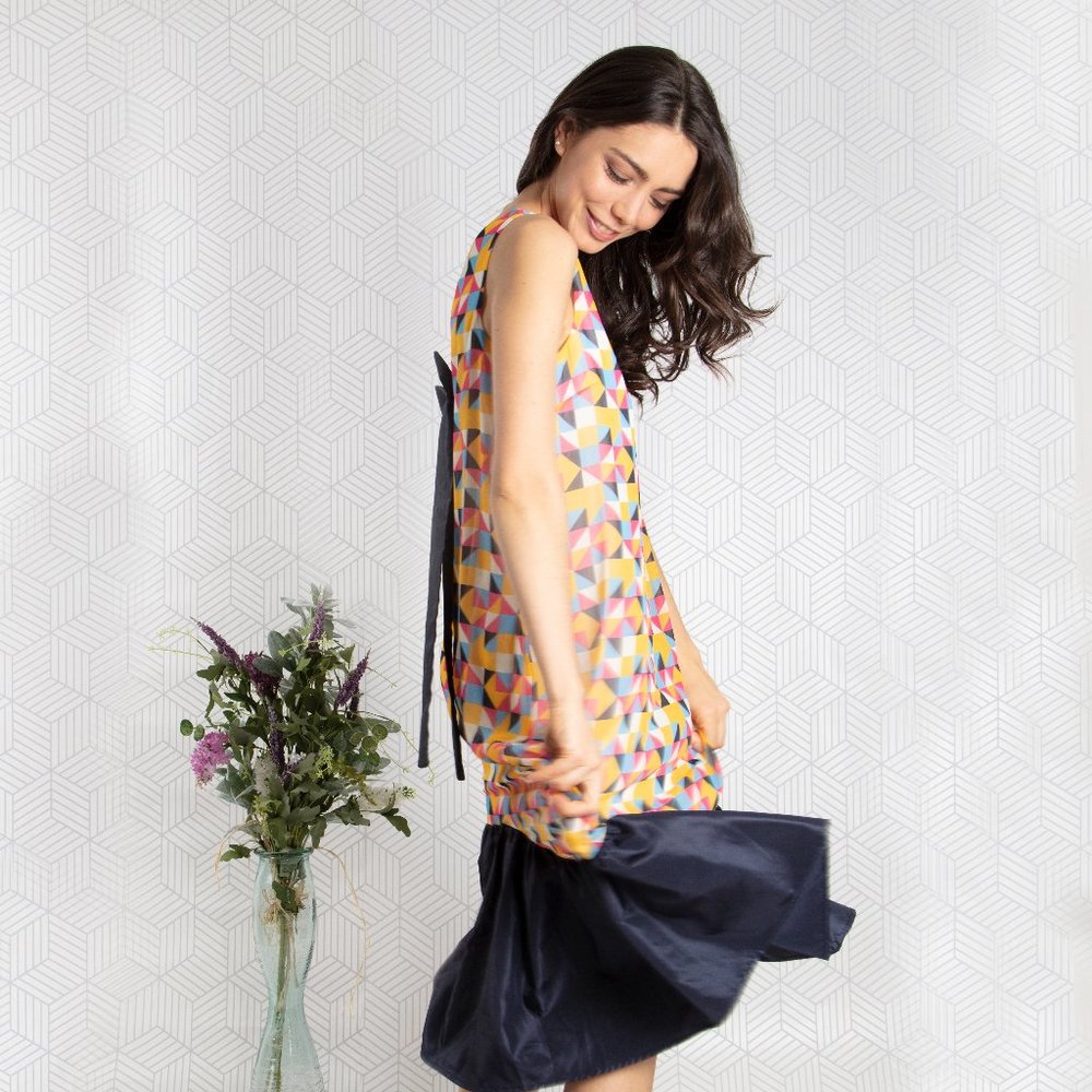 Geometric Printed Bottom Ruffle Chiffon Dress (Dot & Stripe)
